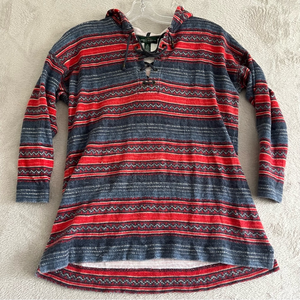 LRL Lauren‎ Jeans Co. Ralph Lauren Top Womens size Medium Hoodie Lace Up Striped